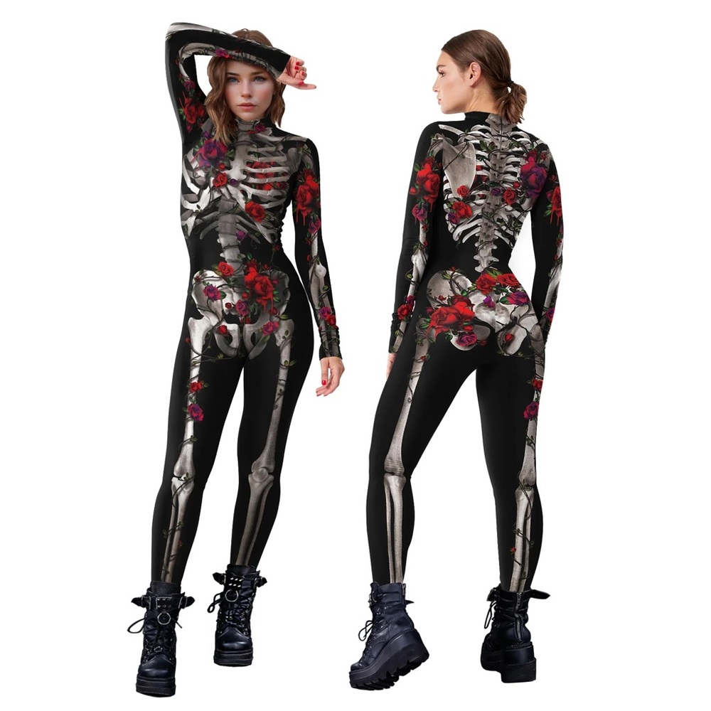 Halloween Devil Ghost Women Cosplay Skeleton Rose Sexy Bodysuit Long Sleeve
